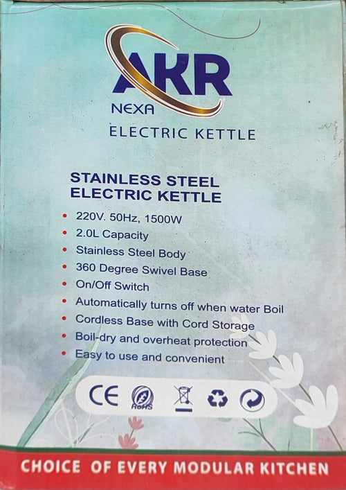 🔥 AKR Nexa Stainless Steel Electric Kettle 2.0L ⚡ | 1500W High Power | 🛡️ Auto Shut-Off & Boil-Dry Protection
