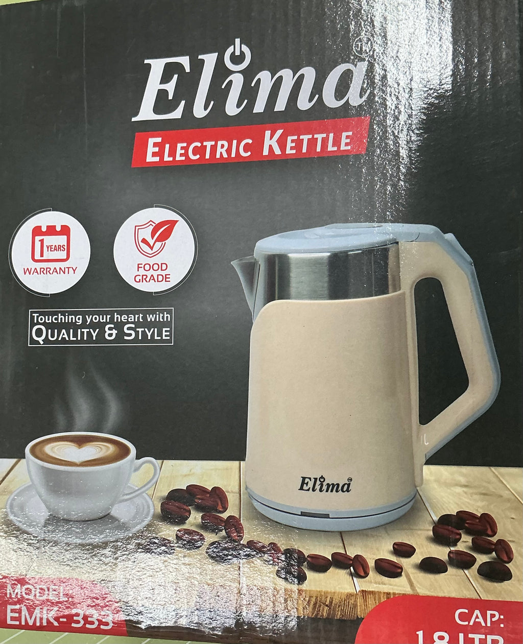 Elima EMK-333 Electric Kettle 1.8L ☕ – 1500W Fast Boil ⚡ | Stainless Steel Inner 🛡️ | Auto Shut-Off Protection 🔒