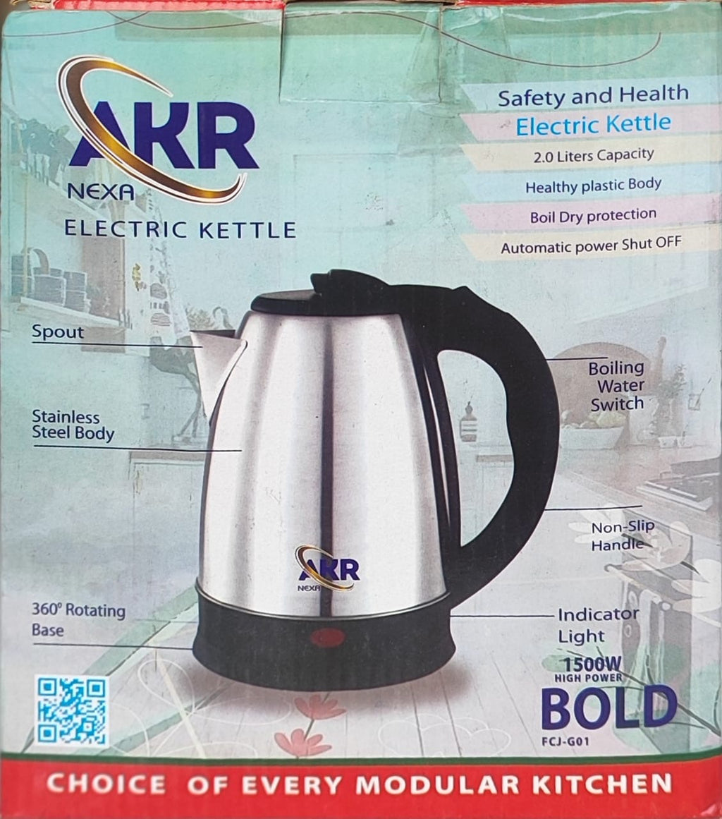 🔥 AKR Nexa Stainless Steel Electric Kettle 2.0L ⚡ | 1500W High Power | 🛡️ Auto Shut-Off & Boil-Dry Protection